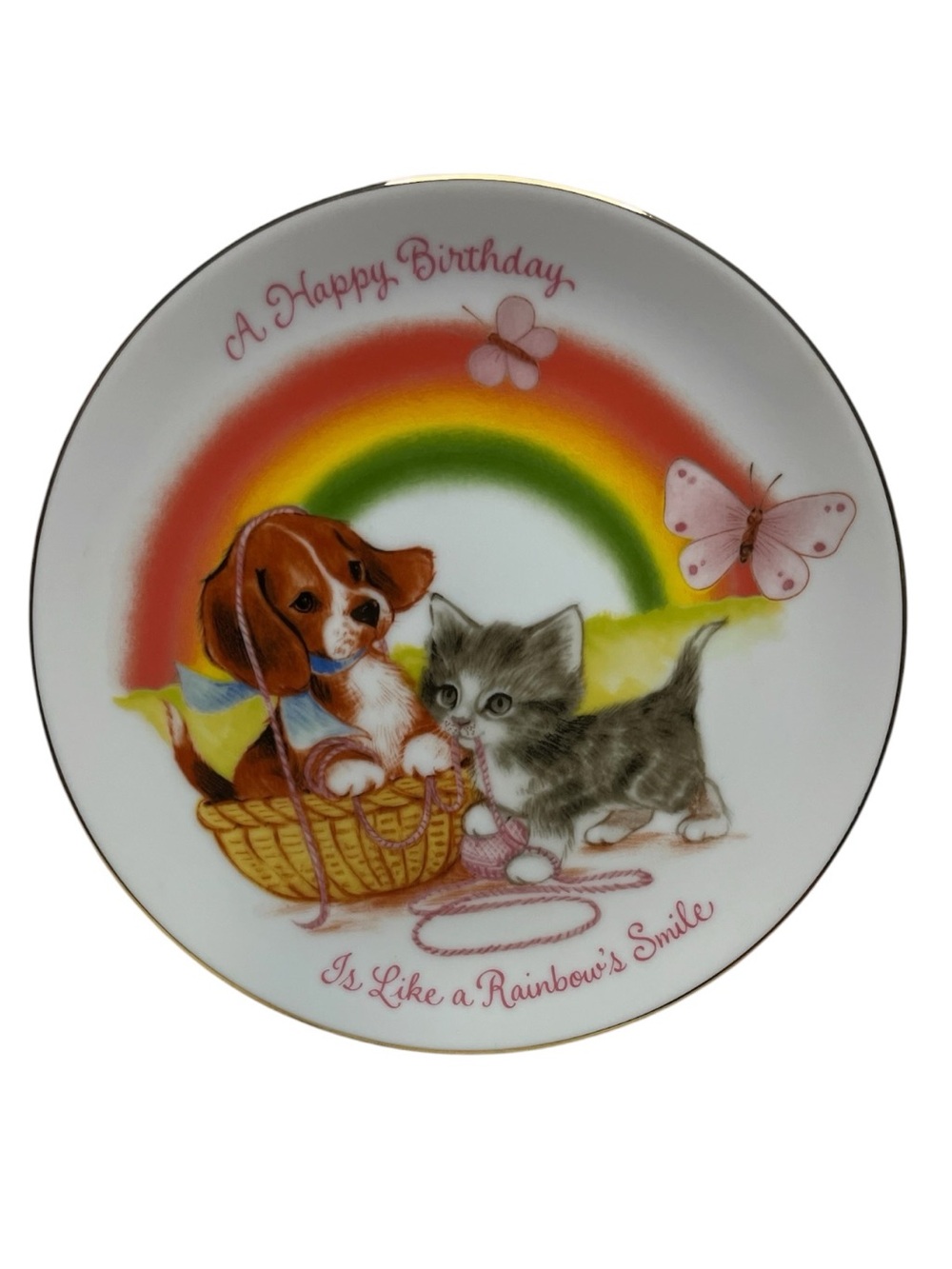 Vintage Sangamon Timeless Impressions "A Happy Birthday" Rainbow Plate kitten